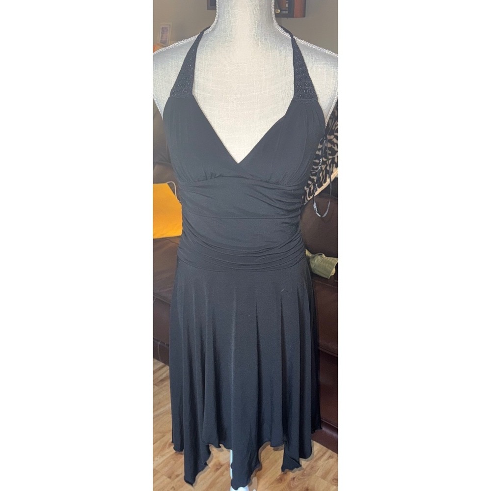 My Michelle Black Halter Dress Beaded Neckline Handkerchief Hem Ruched Small